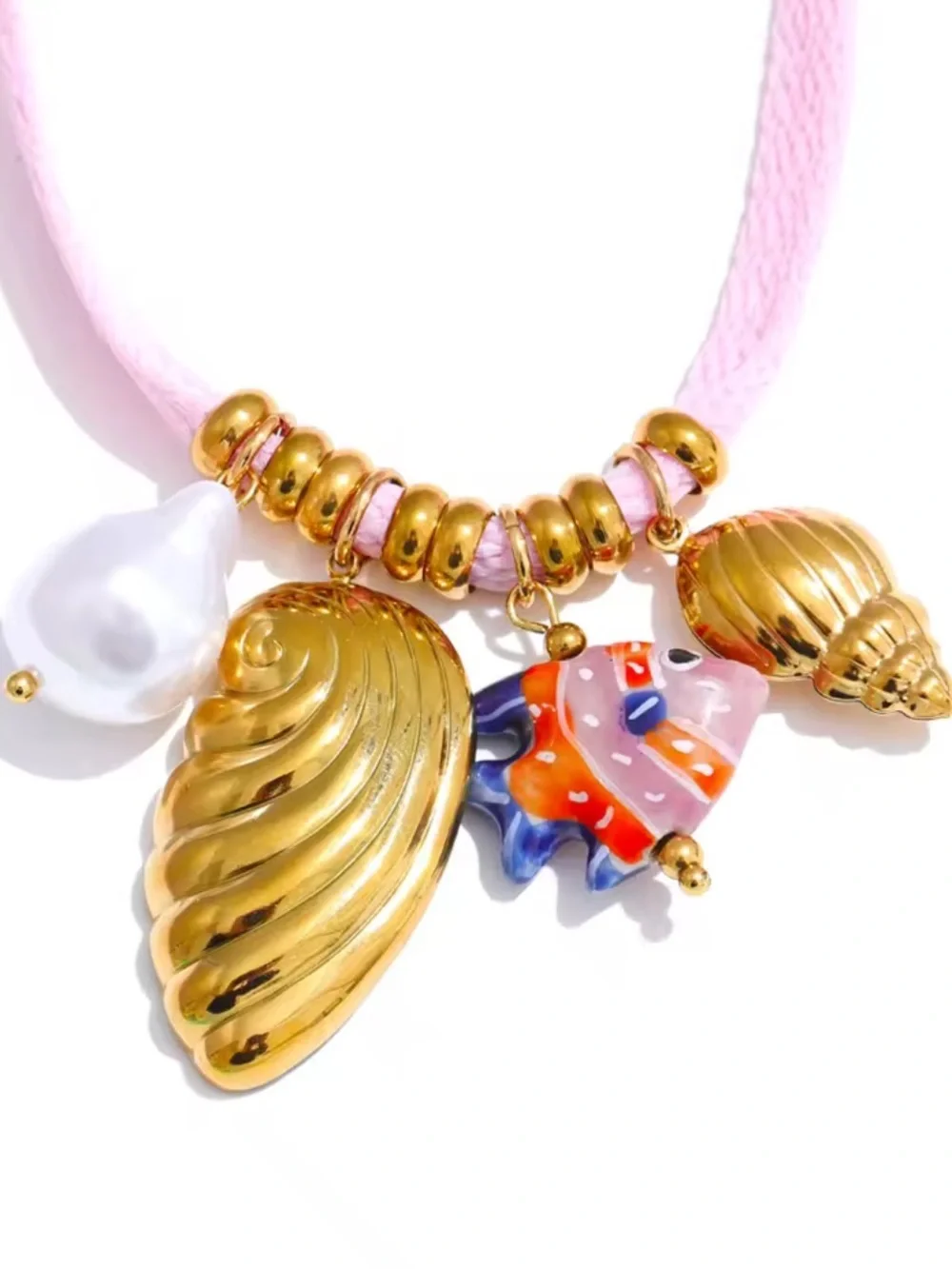 Sea Coastal Charms Pink Cord Necklace